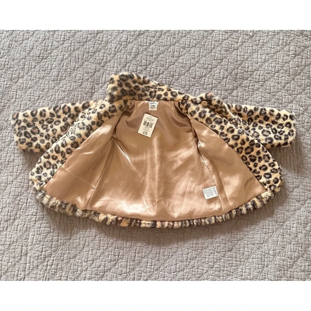 Baby Essentials Leopard Faux Fur Jacket Brown Tan Animal Print 12M‎ NWT